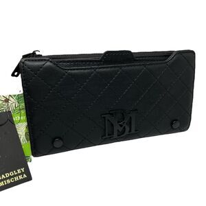 Badgley Mischka Wallet Black Quilted Long Card Holder Vegan Leather Snap Logo